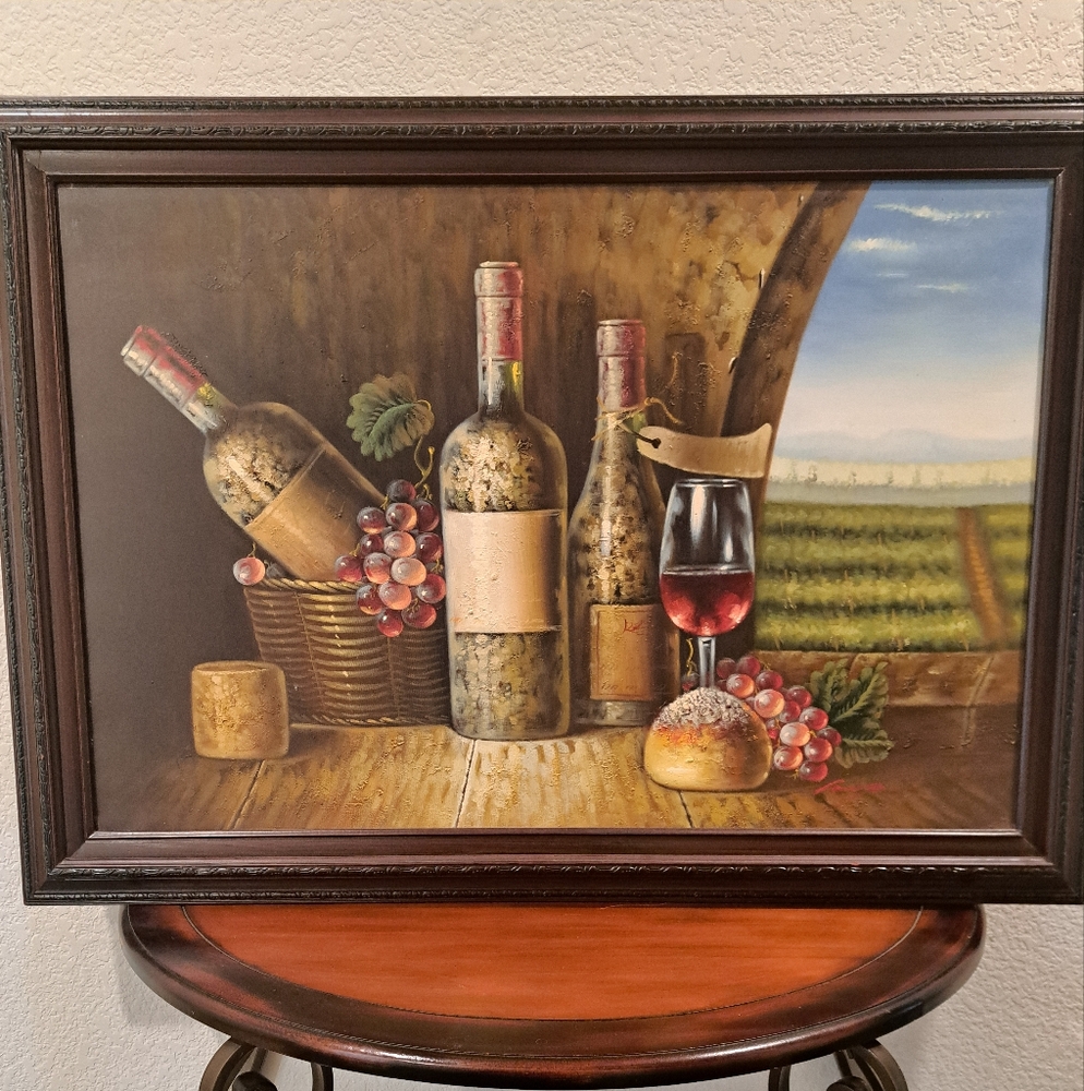 Original Still Life Wine and Grapes Oil On Canvas Signed Painting 35.6" × 23.7"